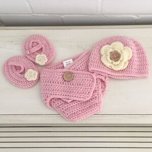 Infant Soft Pink 3-Piece Ensemble-Crochet Baby Set-Hat Slippers Diaper Cover